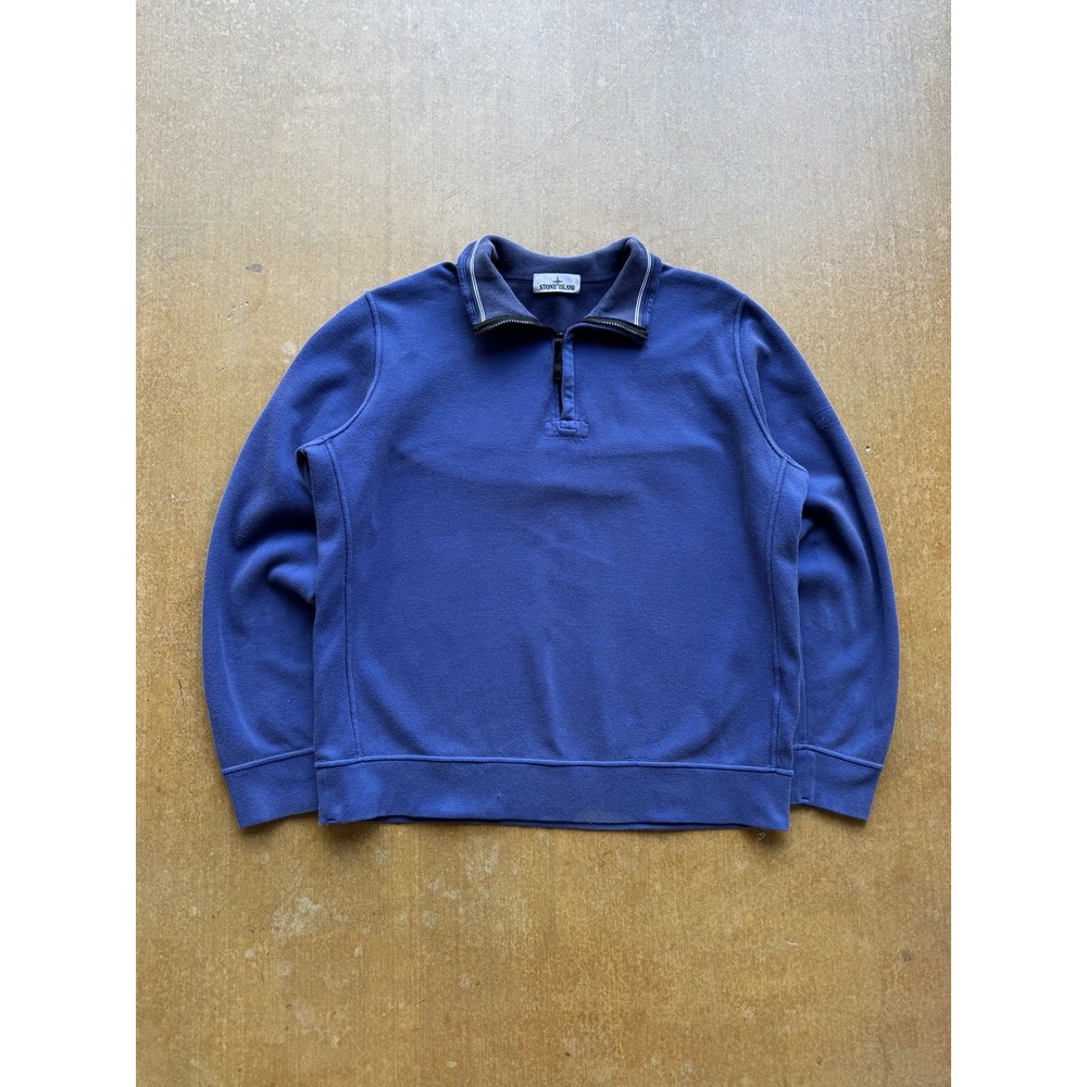 Stone Island Quarter Zip Garment Dyed Heavy Sweater Blue XL (Missing Patch)